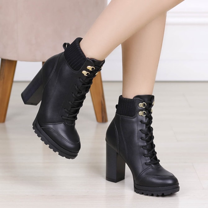 Bota Coturno Salto Alto Bota Preta De Verniz Verniz Salto Grosso
