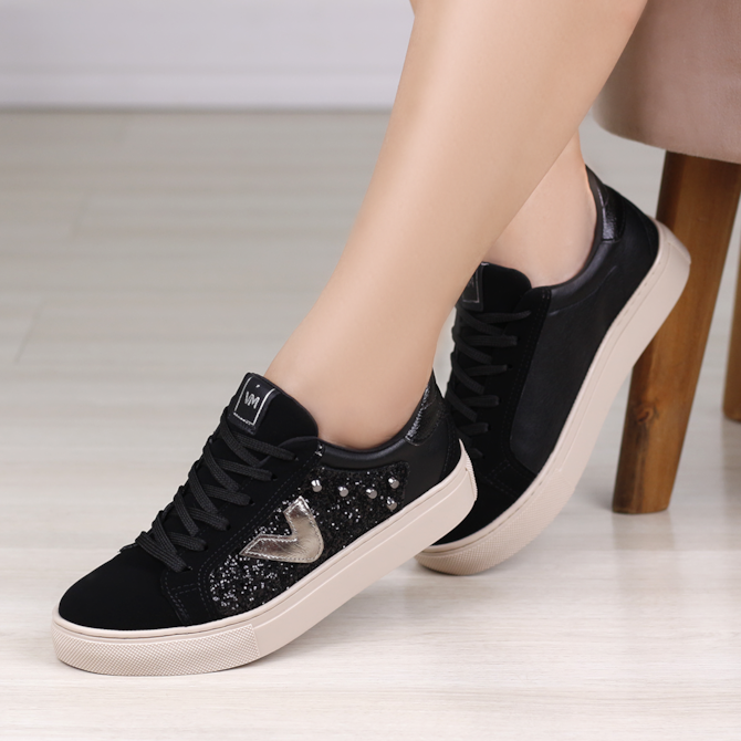Via Marte Sapatenis Feminino Preto Com Brilho Tênis Casual Via